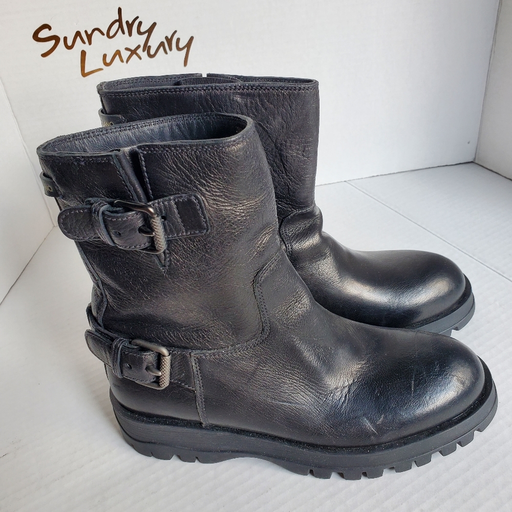 Prada Leather Double-Buckle Booties in Black